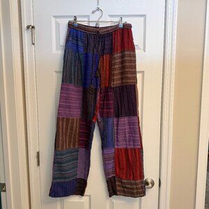 Boho patchwork cotton pants in jewel tone striped patterns (L)